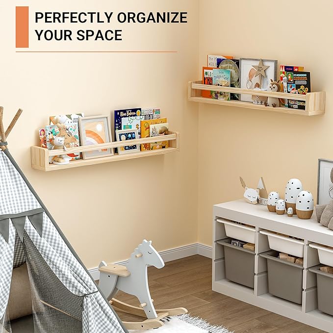 Heimlove 32 Inch Nursery Floating Shelves, Wood Nursery Book Shelves for Wall, Wall Bookshelf for Kids Solid Wood Wall Mounted Shelves for Books,Toys and Decor Storage, Set of 2