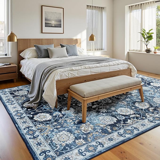 Floral Washable Area Rugs 5x7, Vintage Rug for Living Room, Large Bedroom Carpet, Non Slip Low Pile Ultra Soft Carpets for Indoor Dining Home Nursery Playroom Under Table, Blue Garden