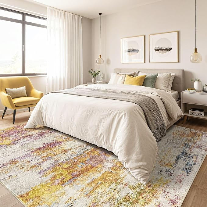 10X12 Area Rugs Living Room: Washable Large Abstract Modern Soft Stain Resistant Indoor Floor Rugs Non Slip Accent Carpet for Bedroom Nursery Playroom Office Dining Room Dorm Home House- Gold Colorful