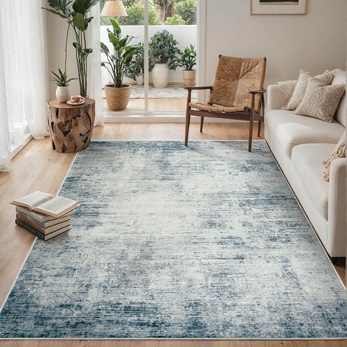 Area Rug 9x12 Washable Rugs: Abstract Large Living Room Rugs with Non-Slip Backing, Stain Resistant Indoor Floor Carpet for Bedroom Dining Room Table Nursery Hallway Home Office-Blue/Ivory