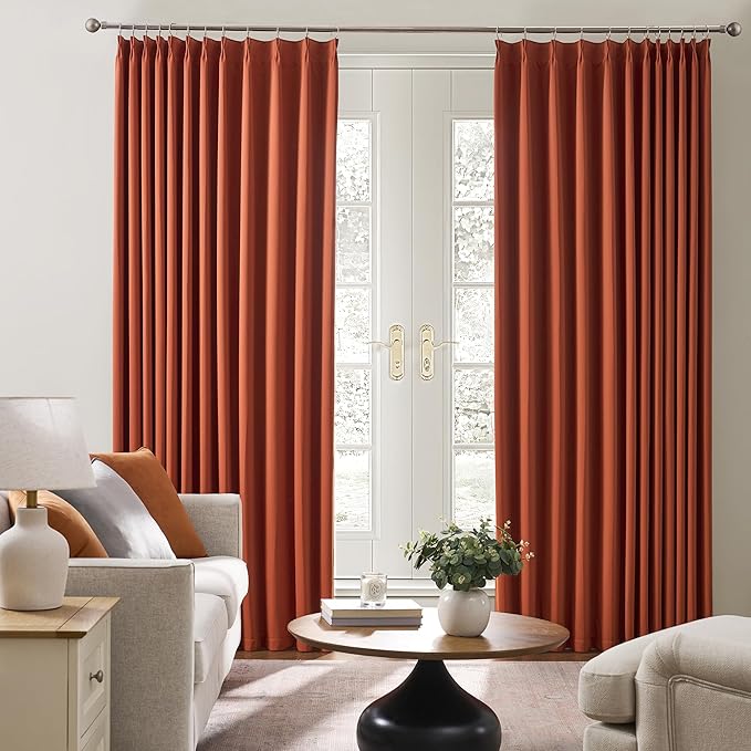 KEQIAOSUOCAI Burnt Orange Blackout Pleated Curtains Short 2 Panels Set 45 Inch Length for Small Windows, Pinch Pleat with Hooks, Boho Muted Ochre Orange Curtain for Bedroom W40 x L45