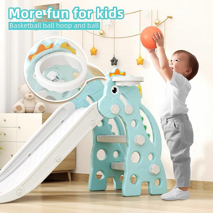 67i Toddler Slide for Indoor & Outdoor Play with Basketball Hoop, Anti-Slip Steps, 46.8in Baby Climber (Green)