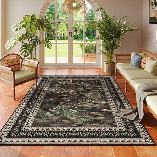 4x6 Rug for Bedroom Impressionist-Style Vintage Washable Rugs Non Slip Low Pile Small Carpet for Bedside Kids Room Office Dining Room, Black