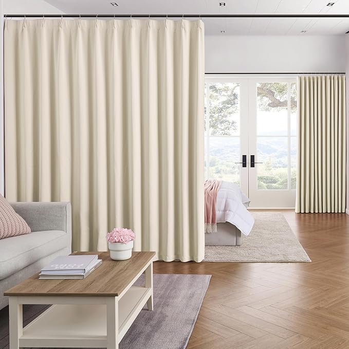 KEQIAOSUOCAI 100 Inch Wide Curtains Drapes 95 Inches Long, Pinch Pleated Room Divider Thermal Curtains 100 x 95, Sound Reducing Privacy Heavy Curtains 2 Panels Set, Cream Beige