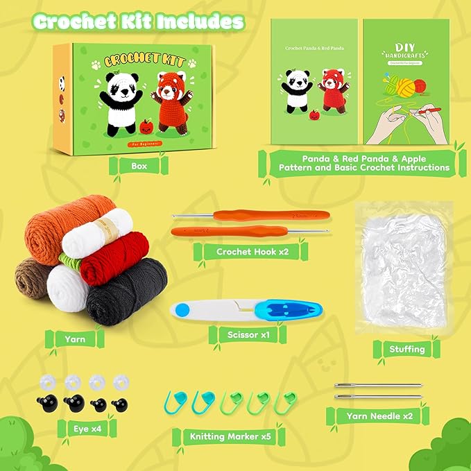 Crochet Kit for Beginners - 2PCS White and Red Panda Crochet Animal Kit with Step-by-Step Video Tutorials, Apple Crocheting Kit, Crochet Starter Kit for Kids and Adults, Beginners Knitting Kit