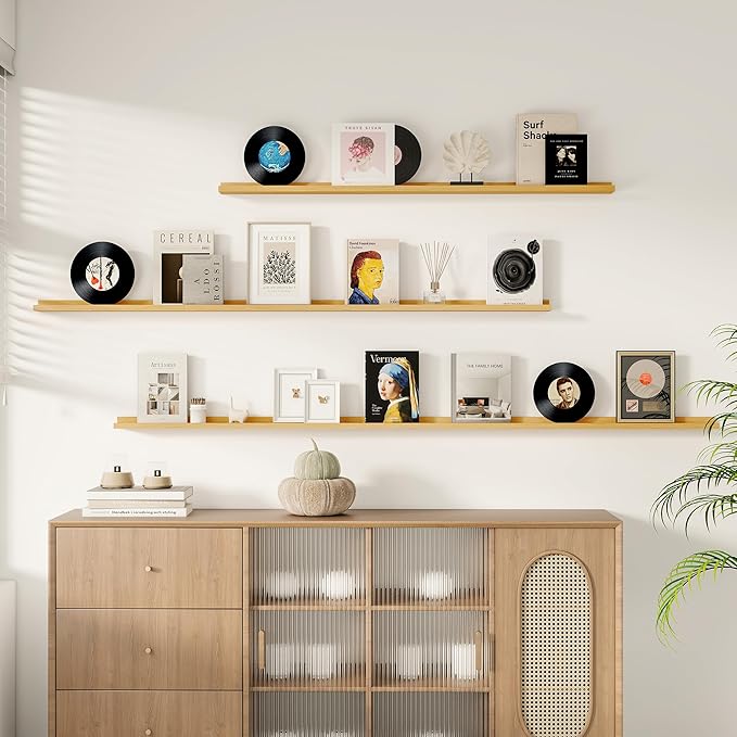 Floating Picture Ledge Shelves for Wall Set of 2, 55 Inches Picture Shelf with Ledge, Nursery Book Shelf for Toys Storage Kids Bookshelf Wall Mounted Living Room Bedroom Decor Frames, Oak