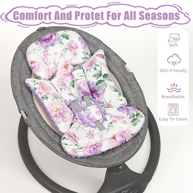 Infant Car Seat Insert, Soft Baby Car Seat Head & Body Support for Girl Boy, Reversible Newborn Preemie Carseat Insert Cushion with 3 Straps Pads Fits CarSeat, Stroller, Swing, Bouncer, Purple Floral
