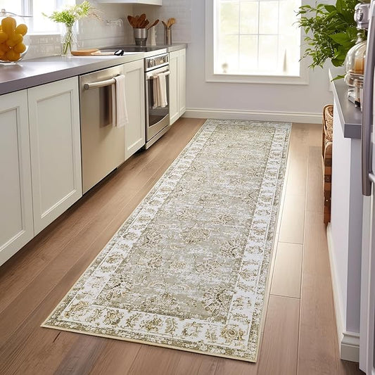 jinchan Hallway Runner Rug 3x10 Machine Washable Runner Rug Taupe Vintage Floral Design Non-Slip Low Pile Ultra-Thin for Kitchen Laundry Room Bedroom Farmhouse (3‘x10',Taupe)