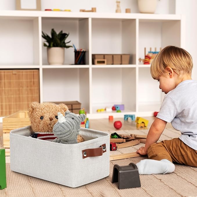 DULLEMELO fabric storage baskets | 11.8x7.9x5.1 inch small baskets for organizing Closet Set of 2 cloth storage baskets | rectangle storage basket with PU Handles (Beige)