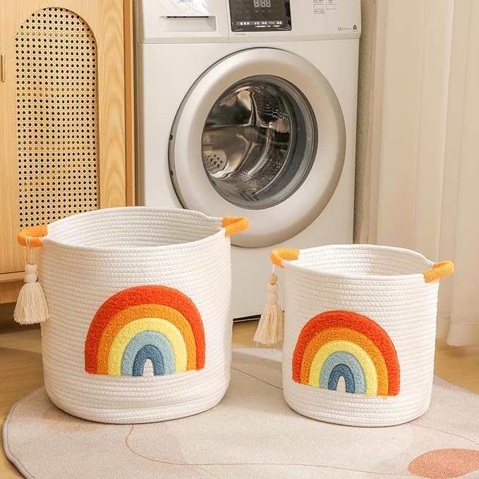 INough Toy Storage Baskets Woven Cotton Rope Storage Basket Kids Blanket Baskets for Living Room, Toys Organizer with Embroidery Colorful Rainbow Decor, Baby Basket for Laundry Nursery (Boho Rainbow)