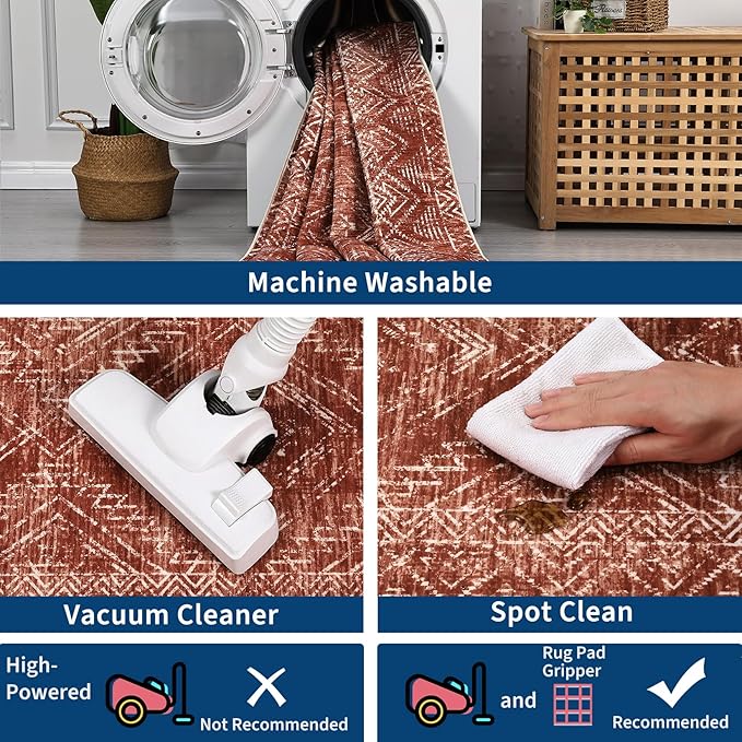 COZYLOOM 10x13 Area Rug Modern Indoor Area Rug Machine-Washable for Living Room or Bedroom Softness Foldable Mat for Easy Storage Geometric Design Non Slip Rug Stain Resistant Carpet, Brick Red