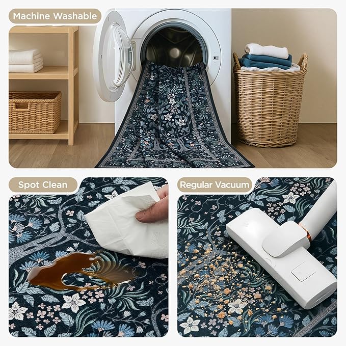 Joydeco Machine Washable Area Rugs 5x7, Boho Floral Rug for Bedroom Non Slip, Soft Forest Botanical Low-Pile Floor Indoor Throw Carpet for Living Dining Room Dorm Office, Blue-Black