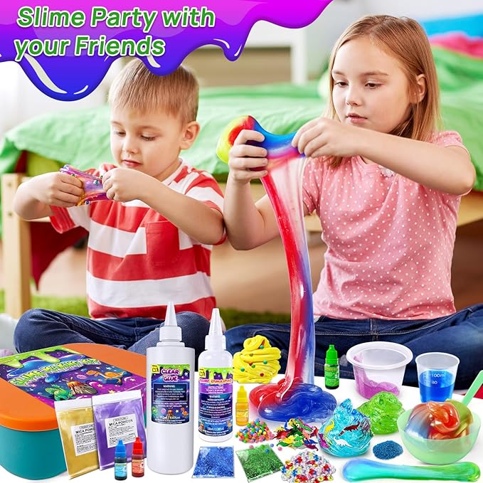 Dinosaur Slime Kit for Girls, Glimmer Crunchy, Galaxy Slime Making Kit for Kids 6-12, Glow in The Dark DIY Slime Kit with Add-ins, Foam Balls, Charms, Glitters, Dinosaur Gift Toys
