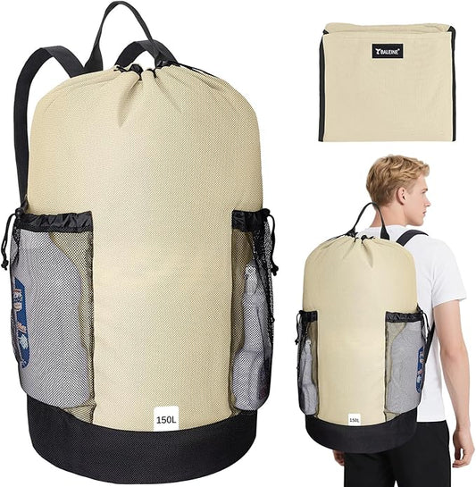 BALEINE 150L Laundry Bag Backpack, 900D Oxford Fabric Large Travel Laundry Bags with Shoulder Straps and 2 Mesh Pockets for College Dorm, Apartment, Laundromat (Beige, 150L)