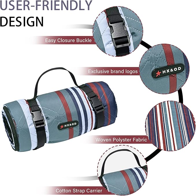 HX&OD Outdoor Picnic Blanket Extra Large, 80''*80'' Waterproof Picnic Mat with Stakes Foldable Camping Blanket Portable with Carry Strap for Beach Mat (Red, 80''*80'')