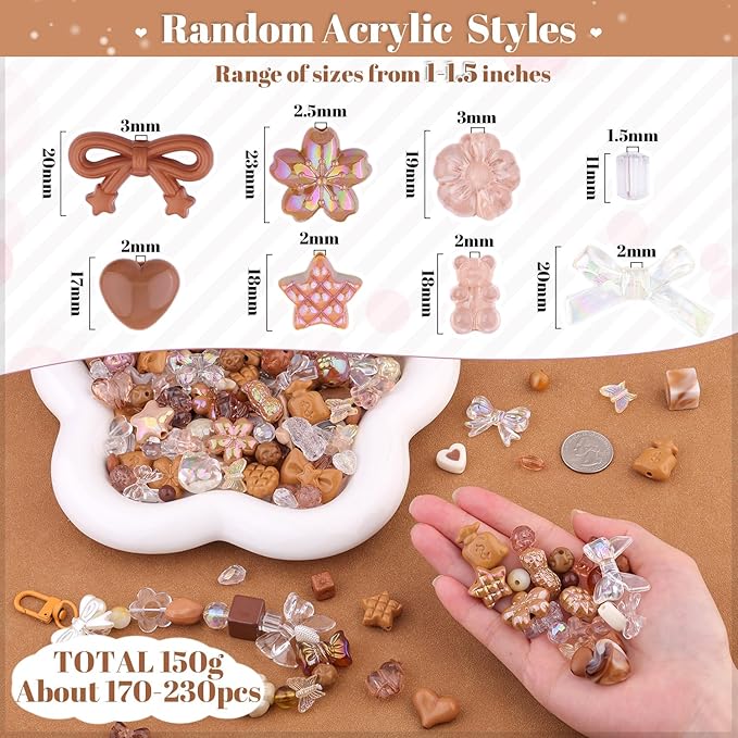 Assorted 170-230PCS Brown Acrylic Beads for Bracelet Making, Flower Bow Butterfly Candy GummyBear Aesthetic Bracelet Charms,Cute Beads for Jewelry Making DIY Necklace Keychain Phone Charm