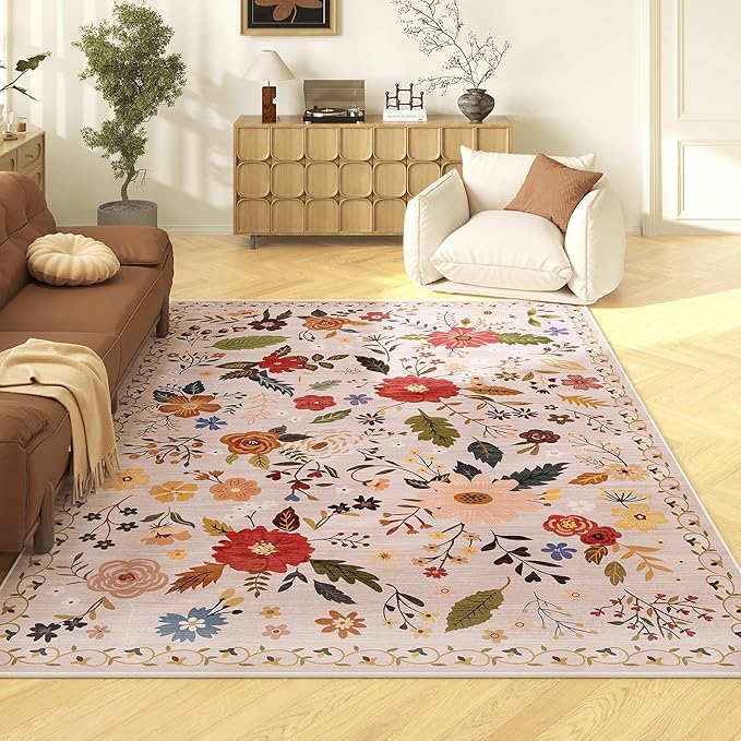 5x7 Washable Rug for Living Room, Pink Floral Area Rug, Non Slip Low Pile Soft Flower Carpet, Large Rugs for Bedroom, Dining Room, Office, Kids Playroom, Nursery, Pink/Beige