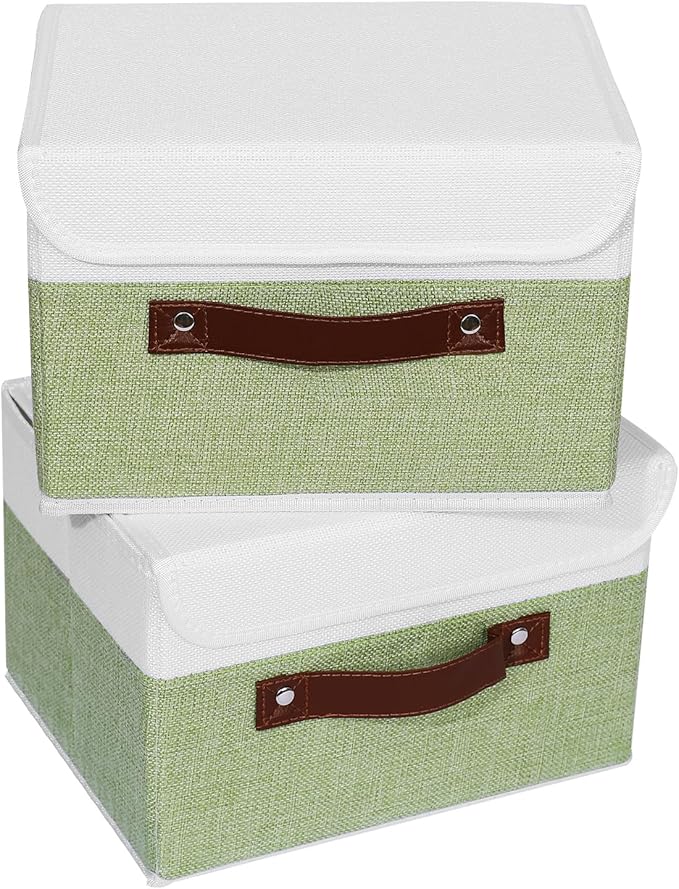 ANMINY 2PCS Storage Boxes with Lid Washable Decorative Storage Bins Basket with PU Leather Handle Foldable Linen Fabric Storage Cubes Containers for Home Closet Organizer - Green White, Small Size