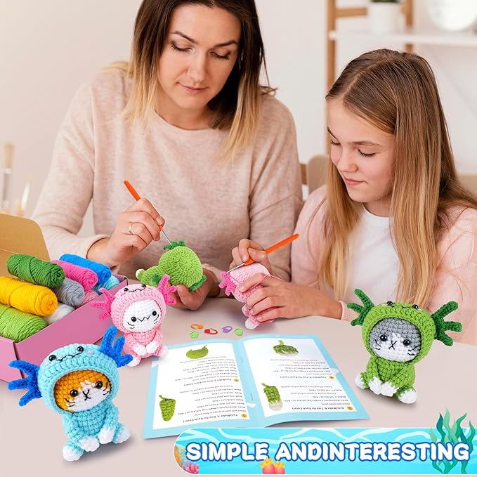 Crochet Kit for Beginners - 3 PCS Axolotl Cat Crochet Kits with Step-by-Step Video Tutorials, Beginner Crochet Kit for Adults, Crochet Cat Dressed as Axolotl Set (Blue & Green & Pink)