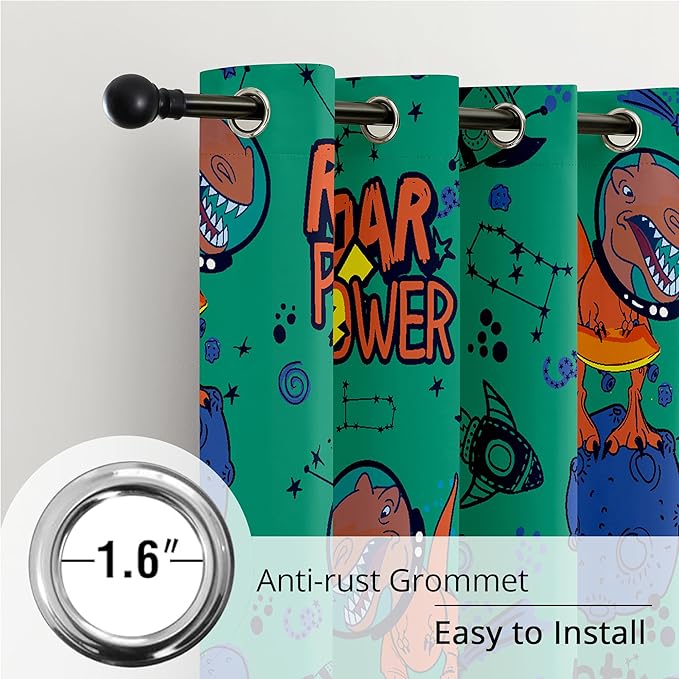 Kids Space Dinosaur Blackout Curtains - 100% Blackout, Thermal Insulated, Noise Reducing, Perfect for Kids Room and Nursery, 2 Panels (Roar Power Dino, W52×L84)