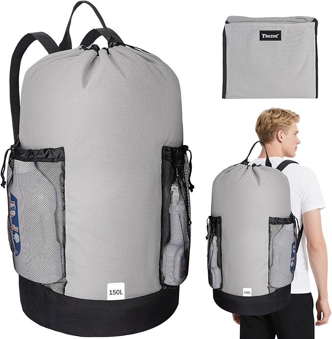 BALEINE 150L Laundry Bag Backpack, 900D Oxford Fabric Large Travel Laundry Bags with Shoulder Straps and 2 Mesh Pockets for College Dorm, Apartment, Laundromat (Grey, 150L)