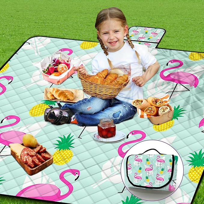 Extra Large Picnic Blanket Waterproof,80"x 80"Foldable Machine Washable Beach Blankets,Outdoor Blanket for 6-8 Adults,Picnic Mat Suitable for Indoor Crawling,Park Beach,Camping,Hiking,Travel（Flamingo）