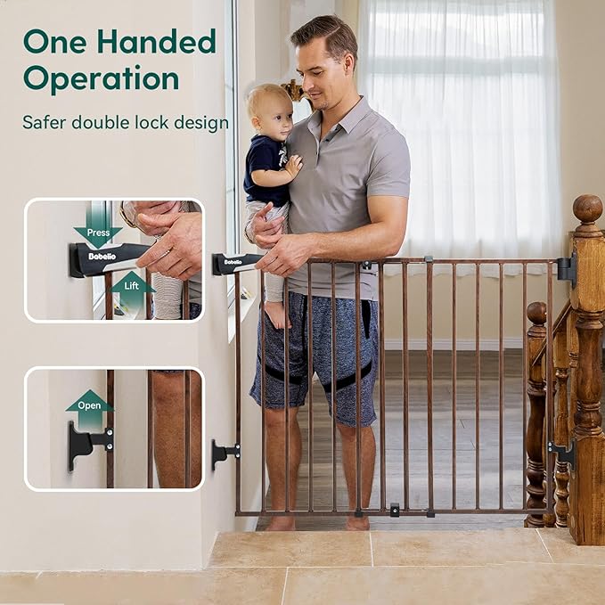 Babelio 26-43" No Bottom Bar Baby Gate for Babies, Elders and Pets, 2-in-1 Hardware Mount Dog Gate for The House, Stairs and Doorways, with Large Walk Thru Door, Black Wood Pattern