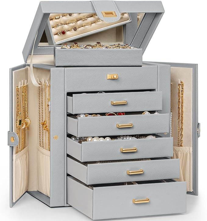 AKOZLIN 6-Tier Jewelry Box Organizer Functional 5 Drawers Leather Jewelry Storage Case for Women Girls Ring Necklace Earring Bracelet Holder Organizer with Mirror Grey