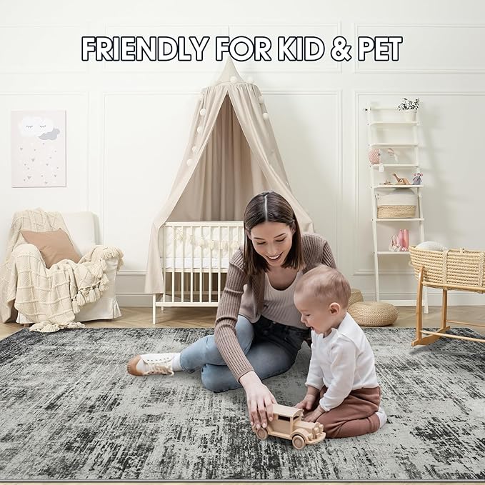 Area Rugs 8x10 Living Room Rugs: Modern Abstract Washable Rug with with Non-Slip Backing, Stain Resistant Indoor Floor Large Carpet for Bedroom Dining Room Table Nursery Hallway Home Office-Black/Gray