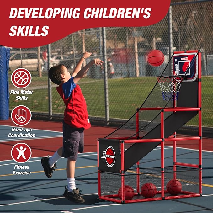 Basketball Arcade Game Indoor Outdoor, Kids Basketball Hoop with 4 Balls & Pump, Single Shot Basketball Game at Home, Carnival Games Sport Toys Gifts for Boys Girls Teens