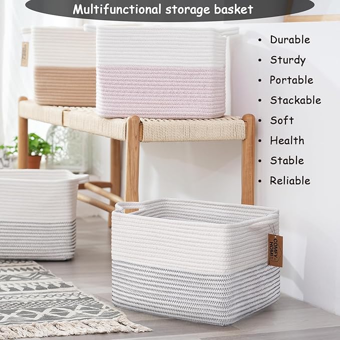 COMFY-HOMI Cotton Rope Woven Basket with Handles for Shelves,Toys,Book, Cloth Storage Baskets Bin for Organizing-13.5"x11"x9.5" Toy Decorative Organizer for Living Room, Bathroom-White/Black Line