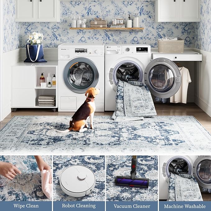 jinchan Runner Rug 2x6 Machine Washable Hallway Rug Dark Blue Vintage Floral Print Non-Slip Low Pile Ultra-Thin for Kitchen,Entryway,Laundry Room,Bedroom,Farmhouse (2‘x6’,Dark Blue)