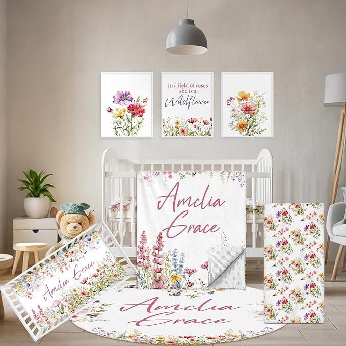 Custom Crib Bedding Set - 5 Pcs Customized Baby Crib Set with Name - Soft Double Layer Flower Nursery Baby Bedding Set for Girls Boys - Personalized for Infants Toddlers