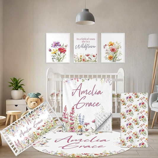 Custom Crib Bedding Set - 5 Pcs Customized Baby Crib Set with Name - Soft Double Layer Flower Nursery Baby Bedding Set for Girls Boys - Personalized for Infants Toddlers