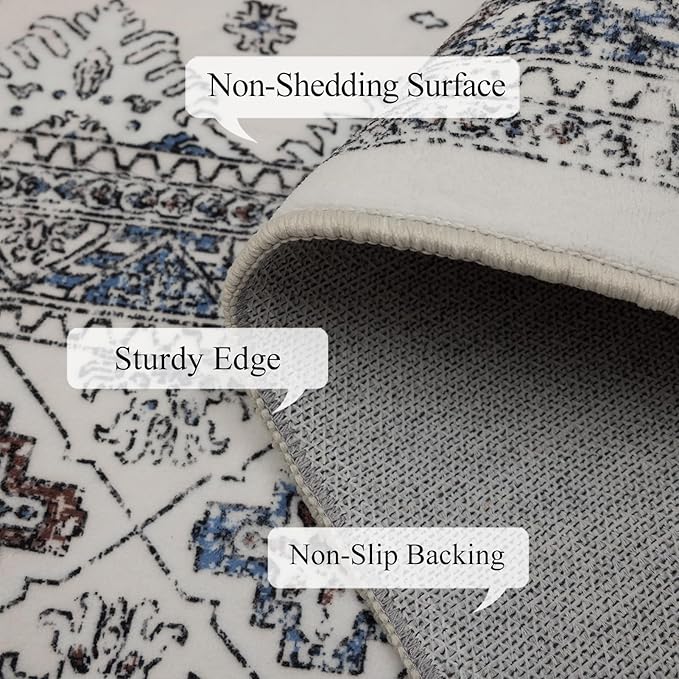 9x12 Area Rug Living Room Rugs, Stain Resistant Washable Rug, Vintage Large Non-Slip Backing, Low Pile Lightweight Print Rug for Bedroom Dinning Room Home Office (White Cream/Gray)