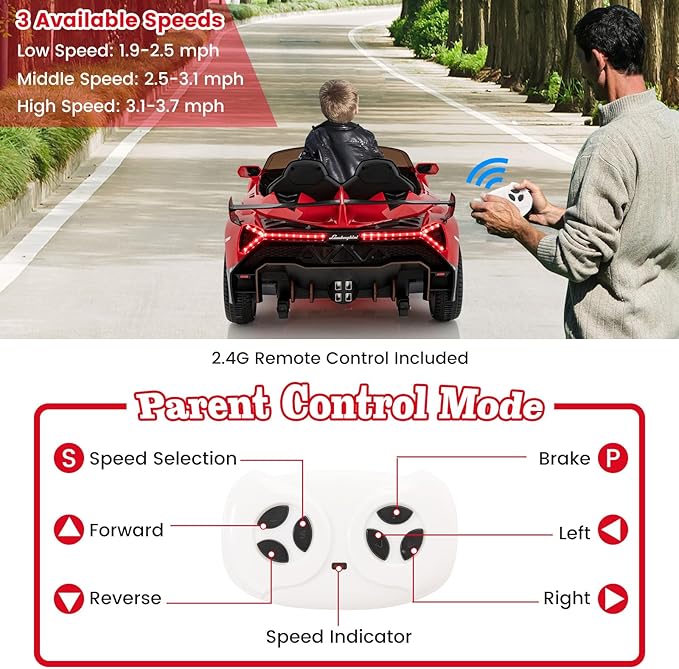 Costzon Ride on Car, Lamborghini Licensed 12V Battery Powered 4WD Sports Car with Remote Control, 3 Speeds, Hydraulic Doors, LED Lights, Towing Wheel, Horn, Music, Electric Vehicle for Kids Aged 3-8