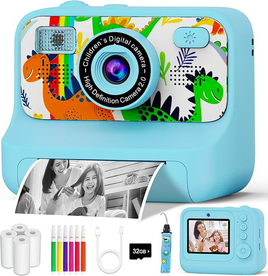 Kids Camera, Upgrade Kids Camera Instant Print, Front Rear Dual Selfie Digital CAM with 1080P Videos, Portable Travel Toy with Games and Music, Christmas Birthday Gift for Boys, Girls and Teens