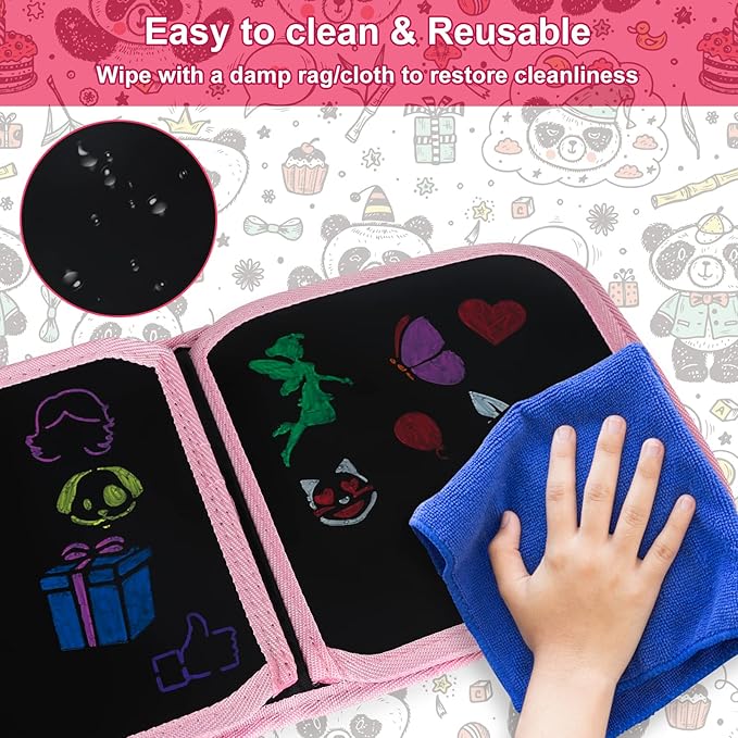 Erasable Book Doodle Set for Kids,Reusable Magic Drawing Book for Kids with 12 Watercolor Pens 14 Page Drawing,Road Trip Car Game Writing Painting Set for Boys and Girls (Panda)