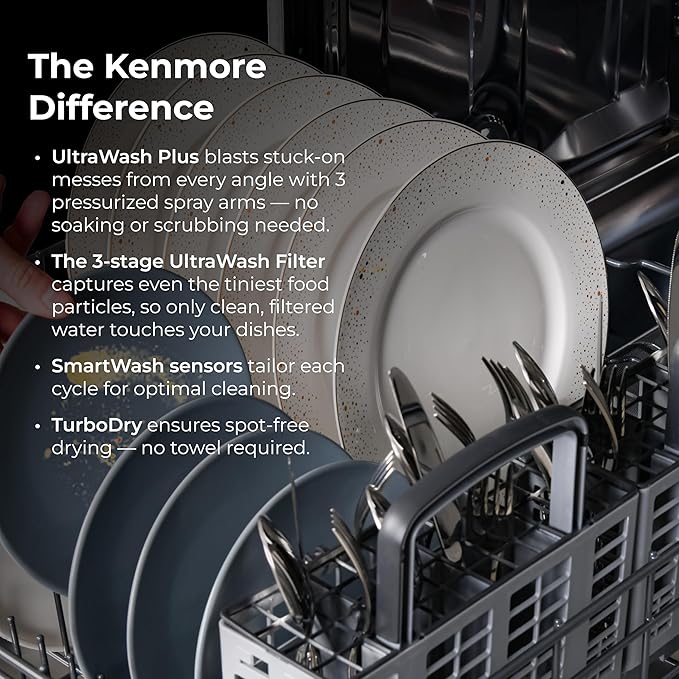 Kenmore 22-14625 24" Built-In Dishwasher - Quiet Tub with TurboDry, Leak, & SmartWash Soil Detection - 15 Place Settings - 49 DBA - ENERGY STAR Certified - Fingerprint Resistant Stainless Steel