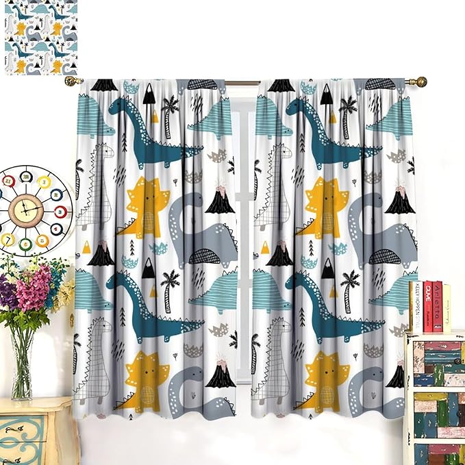 Kids Dinosaur Curtains for Boys Girls Bedroom Decor Cartoon Dino Colorful Cute Funny Wildlife Animal Printed Blackout Rod Pocket Window Drapes for Baby Nursery Playroom Living Room W21xL45in 2 Panels