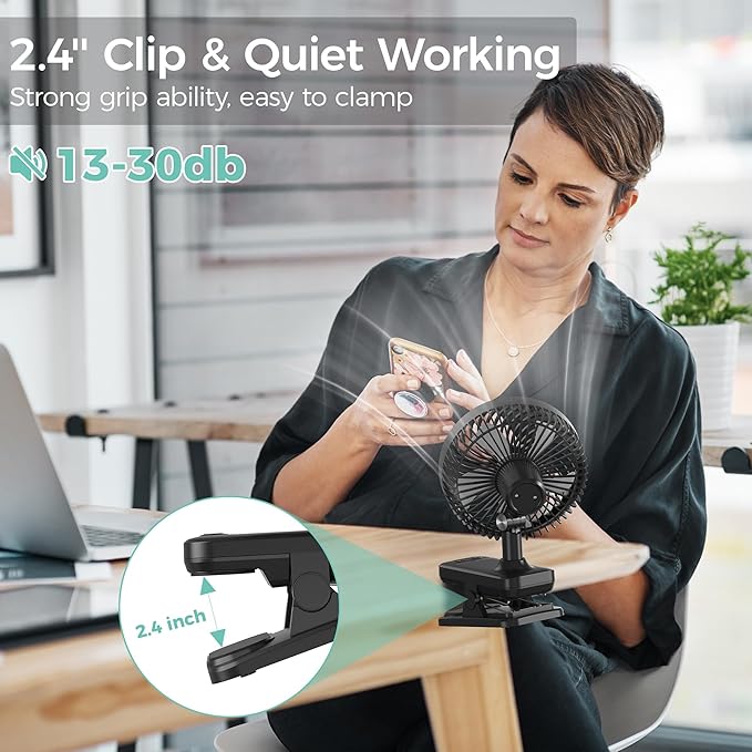 7-Inch Clip On Fan,10000mAh Rechargeable Battery Operated Desk Fan,Auto Oscillation Stroller Fan,Max 40Hrs Cooling,4 Speeds Table Fan with Sturdy Clamp for Golf Cart Office Treadmill Travel Outdoor