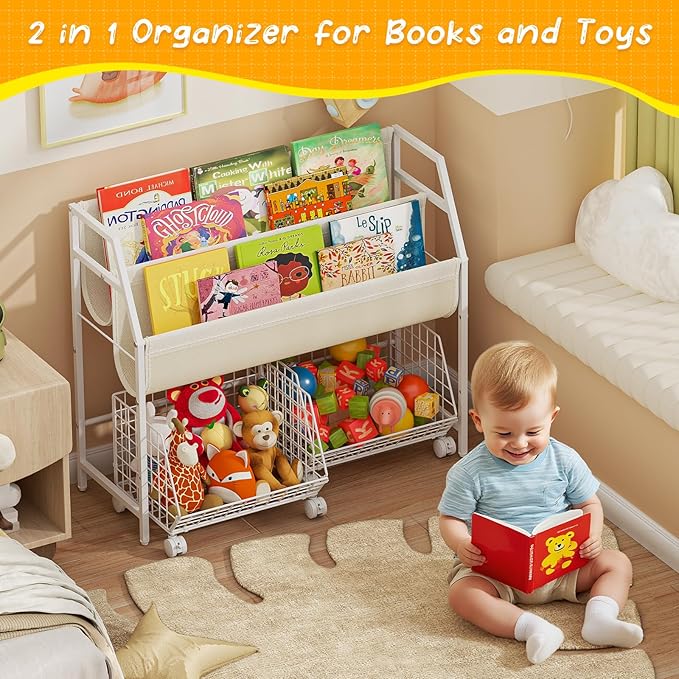 Kids Bookshelf and Toy Storage with 2 Rolling Baskets – Toddler Bookshelf, Montessori Children's Booksheves for Nursery, Small Book Shelf for Kids Rooms, Playroom Organization and Storage