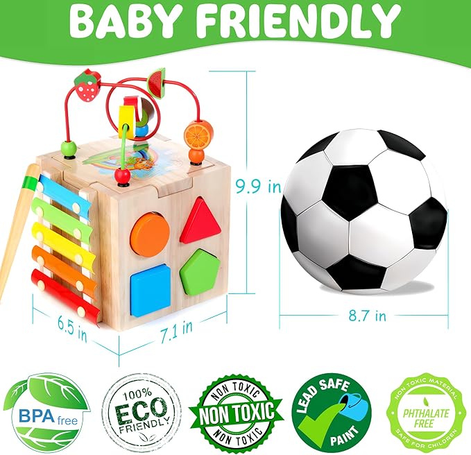 8-in-1 Wooden Baby Activity Cube - Xylophone, Shape Sorter, Abacus| 1st Birthday Gift Toys for One 1 2 3 Year Old Boy Girl | Montessori Educational Learning Toddler Toy| Bonus Sorting & Stacking Board