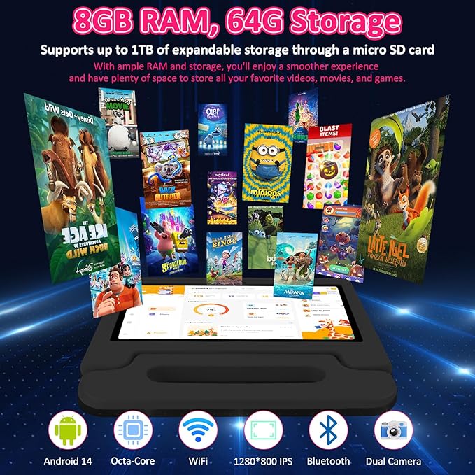 Kids Tablet, 10.1 inch IPS HD Touchscreen Android 14 64 GB Storage, 8GB RAM, Octa Core Tablet for Kid with Kid-Proof Case, Parental Controls, 12-hr Battery, WiFi, GPS – Black