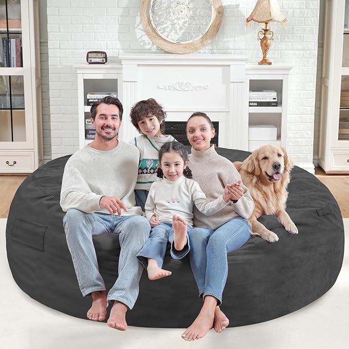 7FT Bean Bag Chair, Large Bean Bag Chairs with Memory Foam Filled, Fluffy Beanbag Sofa with Dutch Velvet Cover, Round BeanBag Chairs for Living Room, Playroom - Grey