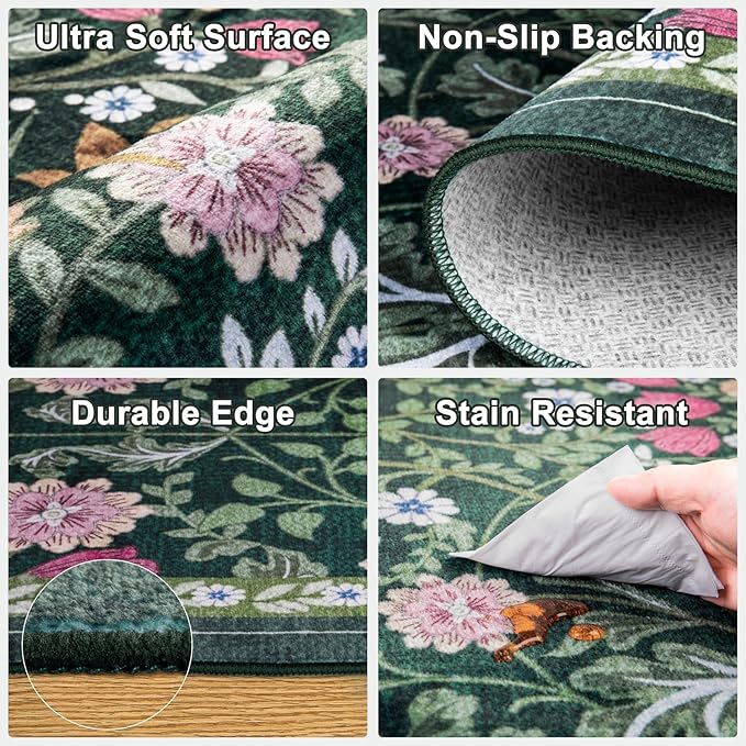 Area Rug Living Room Rugs: Floral 4x6 Washable Rug Vintage Soft Boho Non-Slip Carpet Indoor Floor Stain Resistant Large Carpets for Bedroom Dining Room Farmhouse Nursery Hallway Home Office Dark Green