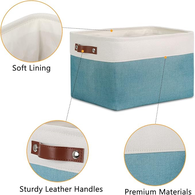 DULLEMELO Storage Baskets for Shelves, Fabric Collapsible Rectangular Storage Bins for Shelves, Closets, Nursery, Home, Empty Gift Baskets (3-Pack Medium-15 inch X 11 inch X 9.5 inch , White&Teal)