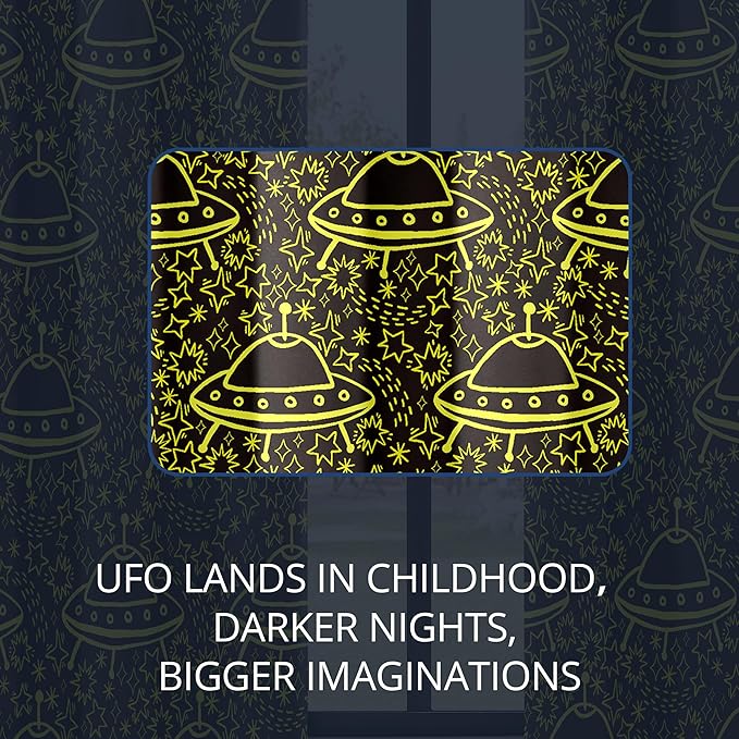 Kids Space Blackout Curtains - 100% Blackout, Thermal Insulated, Noise Reducing, UFO Design, Perfect for Kids Room and Nersury, 2 Panels (Neon UFO Night, W52×L84)