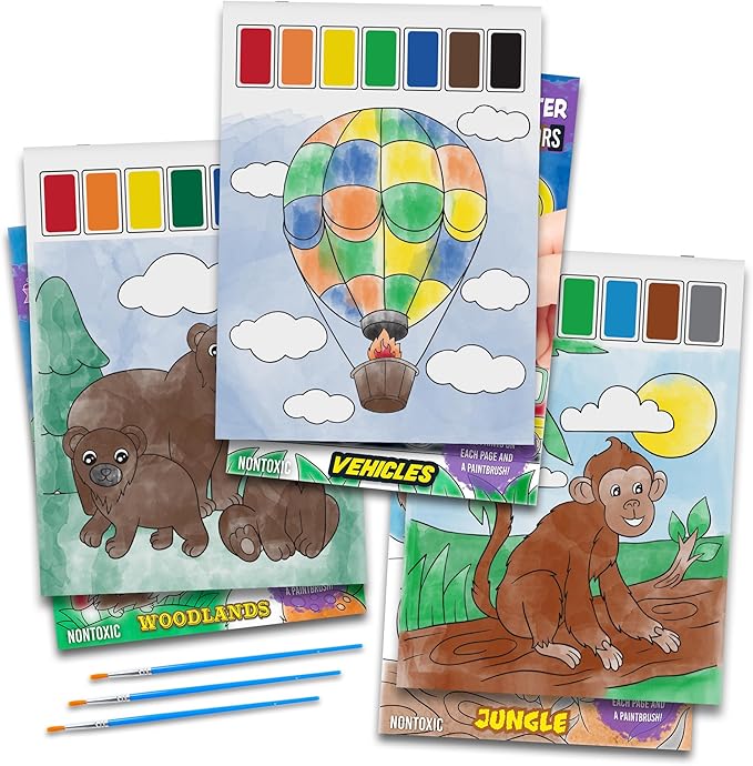 Imagination Works® Paint with Water Books for Kids, 3 Pack | Watercolor Coloring Book Set for Toddler Activities | Spillproof Kids Paint Palettes on Each Page (Jungle, Vehicles, Woodland)