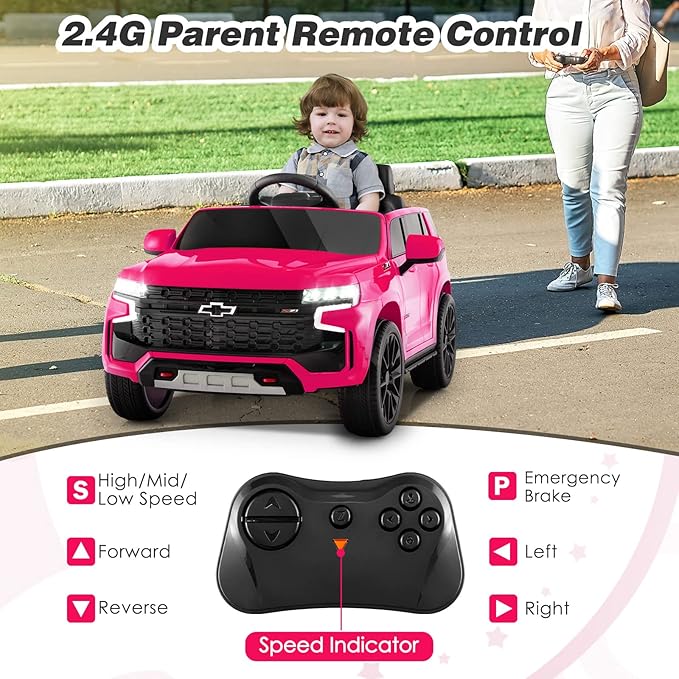 Costzon Ride on Car, 12V Licensed Chevrolet Tahoe Battery Powered Electric Vehicle w/ 2.4G Remote Control, High/Low Speed, Music, Lights, MP3/USB/FM, Spring Suspension, Electric SUV for Kids (Pink)